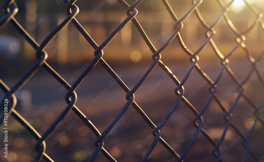 A close-up of a metal chain-link fence with soft sunlight in the background. A close-up of a metal chain-link fence with soft sunlight in the background.