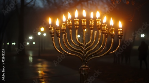 A community menorah lighting event in a city square, the glowing candles symbolizing the holiday spirit. People celebrate together in the warm atmosphere.