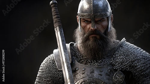 8. **Realistic 3D model of a Celtic warrior with chainmail and a broad sword photo