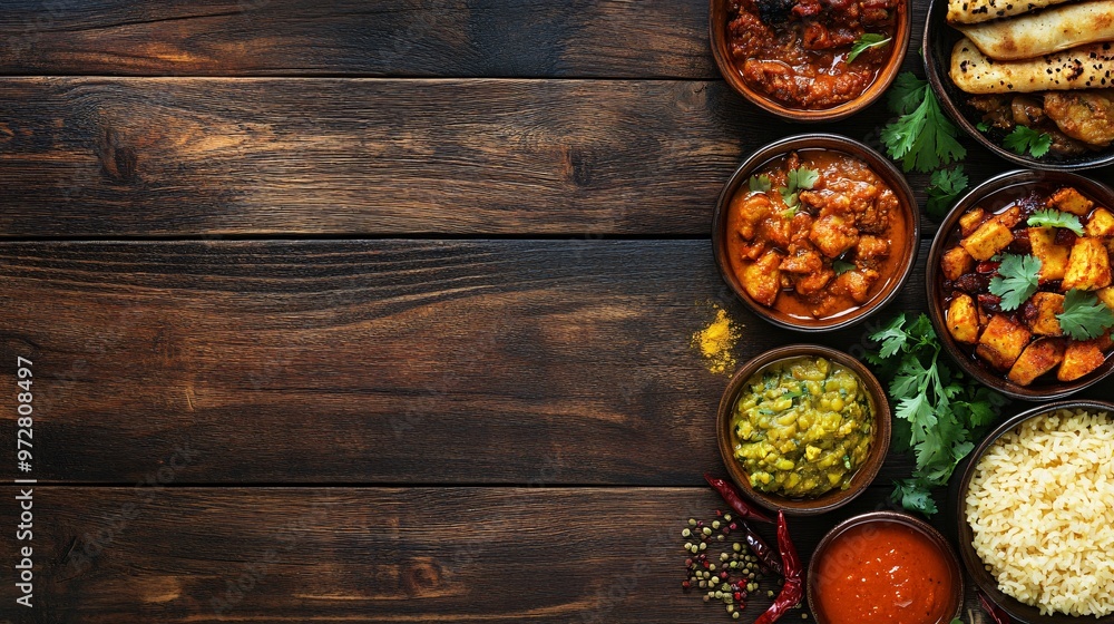 Indian food with rice, chutney, and curry in bowls on rustic wooden background with copy space. Indian food with rice, chutney, and curry in bowls on rustic wooden background with copy space.
