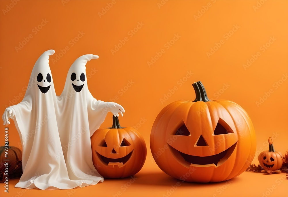 Two ghost figures with smiling faces and a jack-o-lantern pumpkin on an orange background, suggest a Halloween scene Two ghost figures with smiling faces and a jack-o-lantern pumpkin on an orange background, suggest a Halloween scene