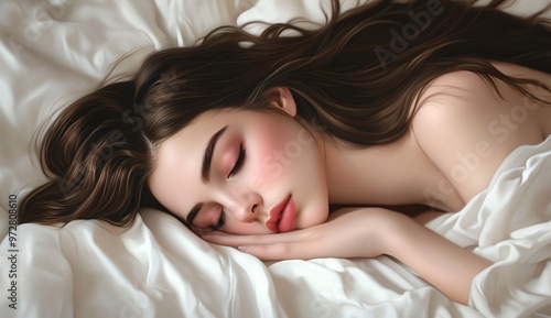 A young woman peacefully sleeping on soft white bedding in a cozy bedroom during the afternoon light