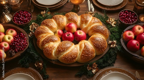 A beautifully arranged table featuring traditional Rosh Hashanah foods like round challah, apples with honey, and pomegranates, capturing the holiday spirit. photo