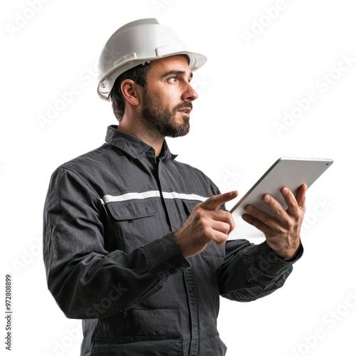 An engineer holding a digital tablet and gesturing towards the screen as if explaining a design. isolated on transparency background