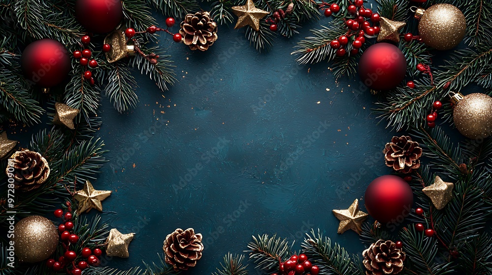 A festive Christmas frame adorned with red and gold ornaments, pine branches, and stars on a rich blue backdrop. A festive Christmas frame adorned with red and gold ornaments, pine branches, and stars on a rich blue backdrop.