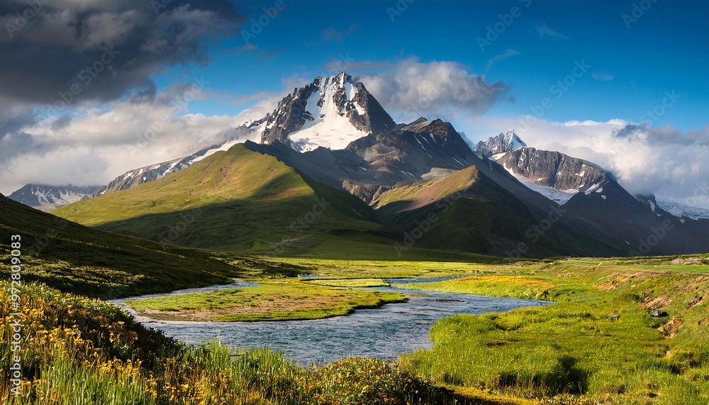 Fototapeta premium Peaceful stream flowing through a green mountain landscape autumn sunset