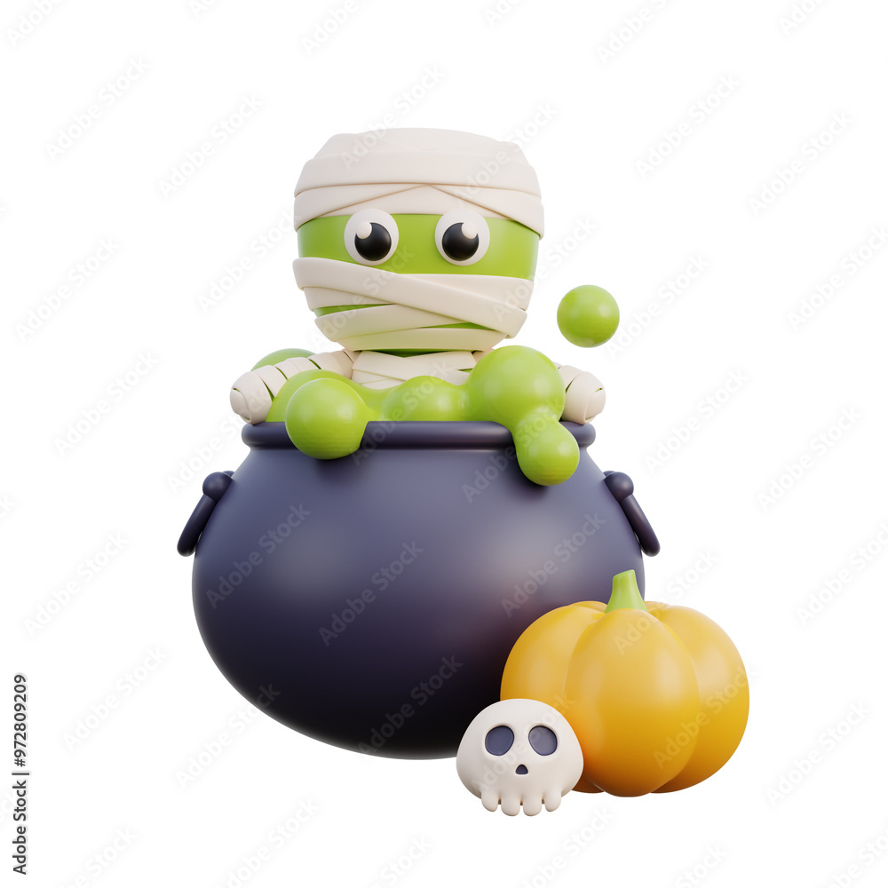 Obraz premium 3d Halloween cute mummy zombie cartoon character, trick or treat party, october holiday, 3d rendering.