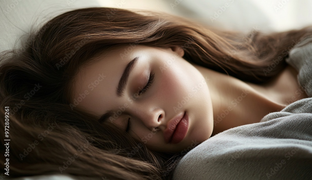 Softly sleeping young woman resting on a gray pillow in natural light at home Softly sleeping young woman resting on a gray pillow in natural light at home