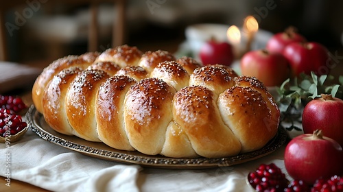 A festive Rosh Hashanah table adorned with round challah, apples dipped in honey, and pomegranates, symbolizing sweetness and abundance.