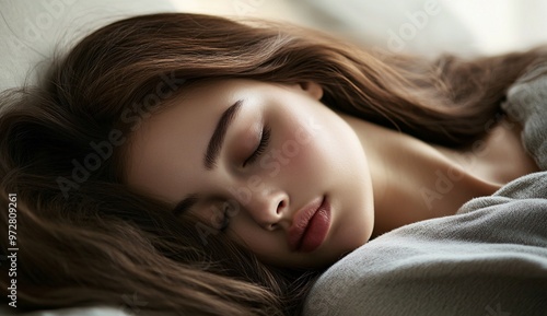 Softly sleeping young woman resting on a gray pillow in natural light at home