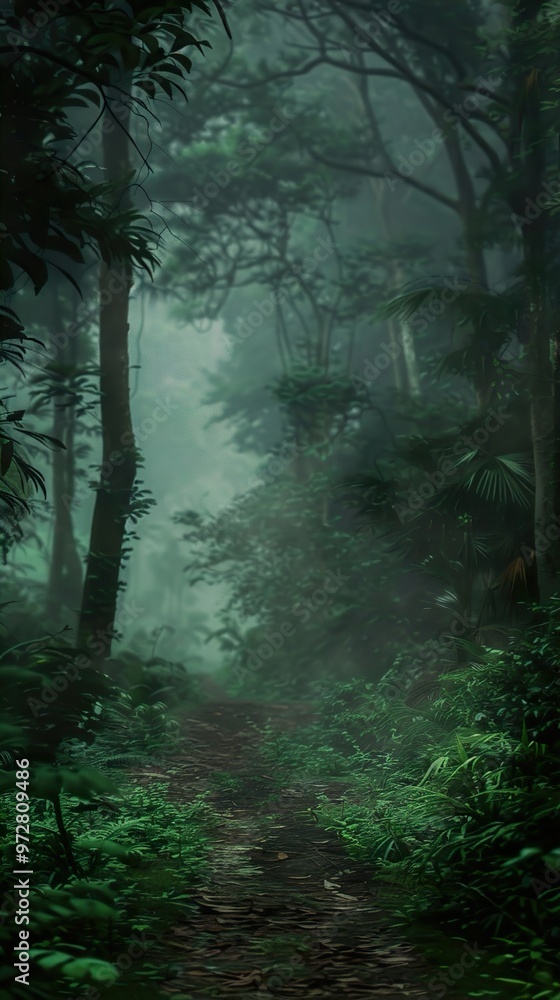 Mysterious Forest Path: Enchanting Fog and Lush Greenery Mysterious Forest Path: Enchanting Fog and Lush Greenery