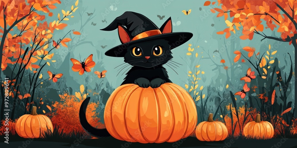 Halloween black cat with pumpkin and witch hat Halloween black cat with pumpkin and witch hat