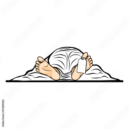 corpse covered with white cloth showing the soles of its feet vector illustration