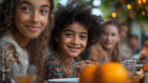 A diverse group of family members seated around a table, enjoying a warm and festive Rosh Hashanah dinner together.