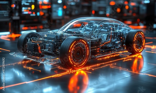 Futuristic Transparent Electric Car with Glowing Energy Flow - AI generated illustration