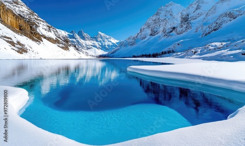 Pure Mineral Water Poster: Sparkling Waters Against Snow-Covered Mountains in Winter photo