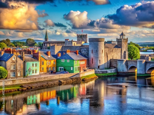 Vibrant urban scene showcasing King John's Castle, River Shannon, and medieval architecture blending with modern photo