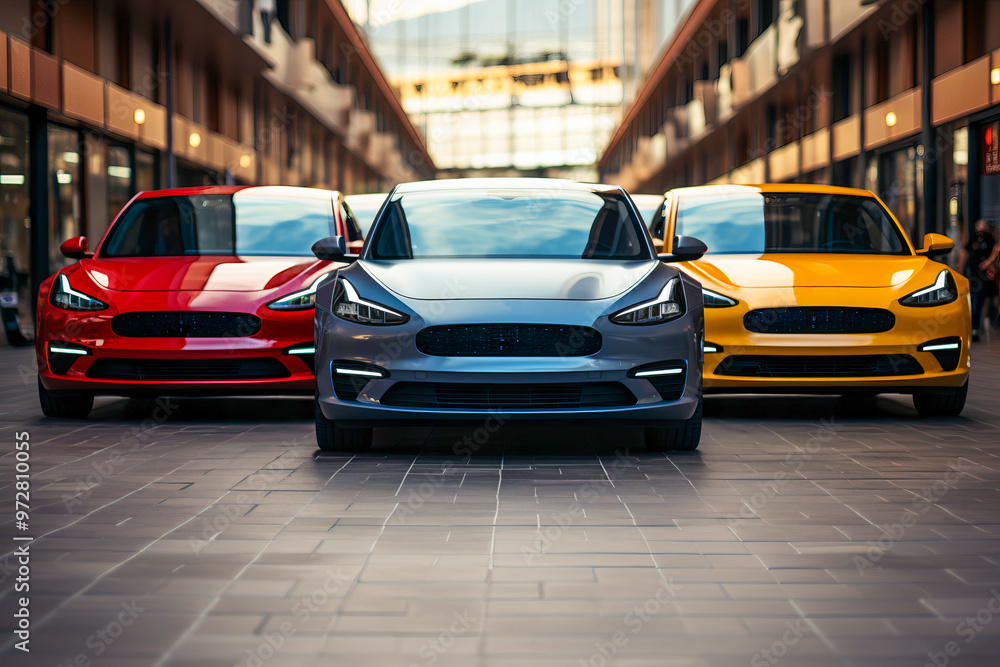Obraz premium Modern electric cars perfectly aligned