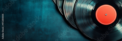 Vinyl records retro banner blue background vintage music analog sound copy space artistic nostalgic background store recorded day promo shop store advert 


