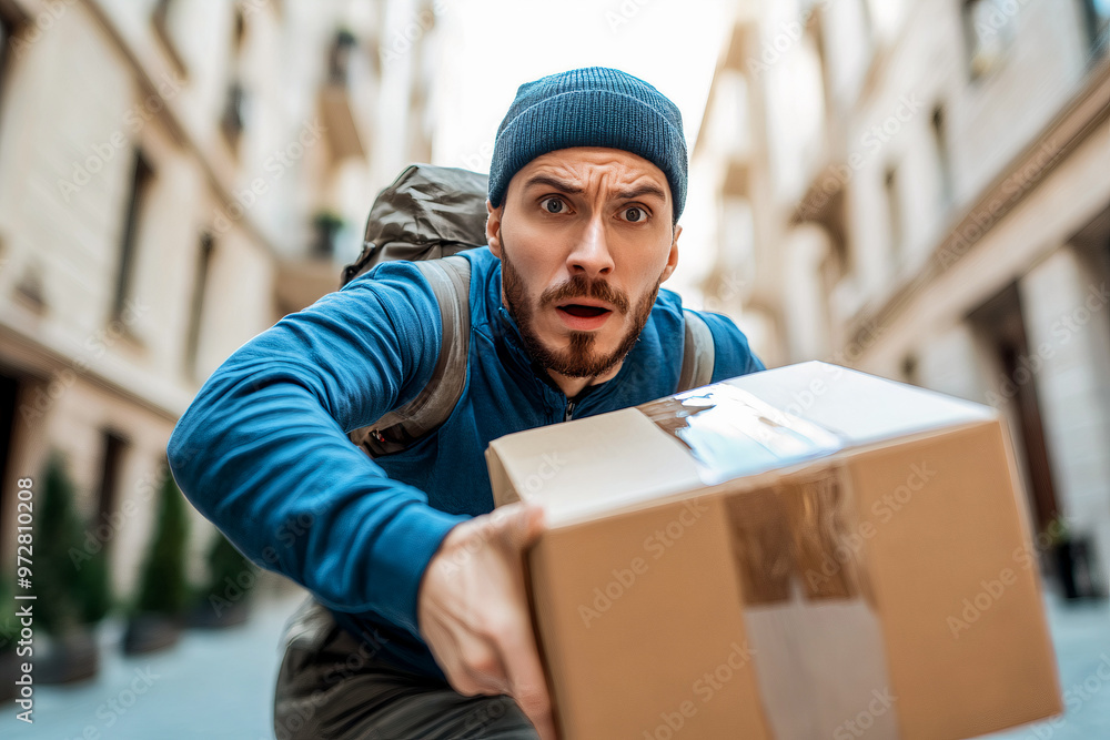 Delivery Man Running Quickly with Package on Urban Street Delivery Man Running Quickly with Package on Urban Street