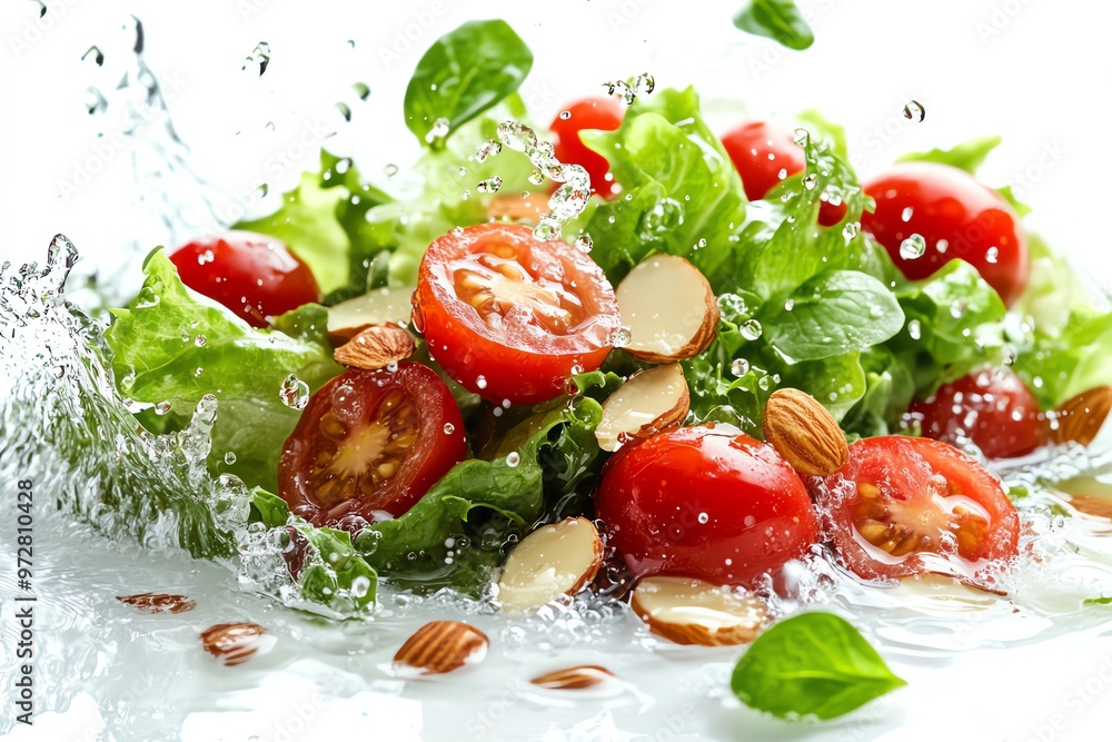 Fresh salad with tomatoes, lettuce, and almonds splashed with water. Fresh salad with tomatoes, lettuce, and almonds splashed with water.