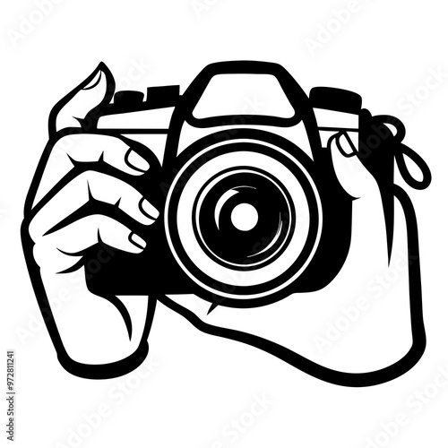 Hands are holding a camera. Vector illustration isolated.taking photo with modern digital camera with angles. Journalist or reporter making pictures. Continuous line draw design graphic vector illustr