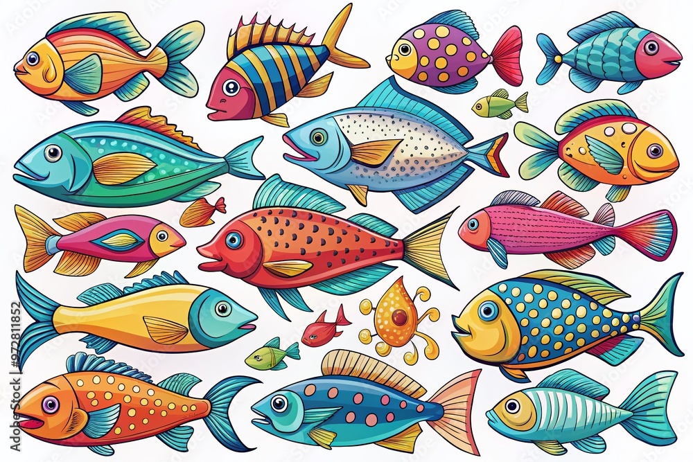 Vibrant, whimsical illustrations of various fish species in bold lines and bright colors, perfect for kids' educational Vibrant, whimsical illustrations of various fish species in bold lines and bright colors, perfect for kids' educational