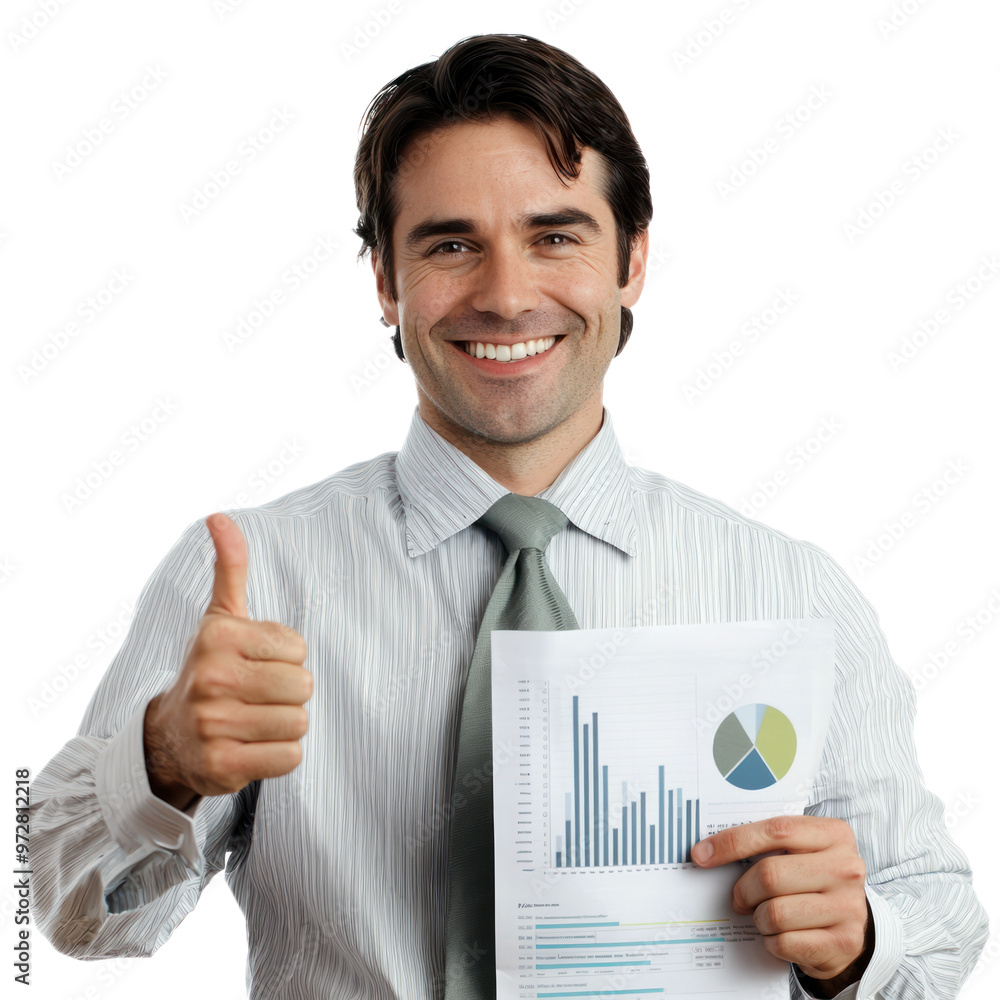 An accountant giving a thumbs-up with a satisfied smile while holding a financial report. isolated on transparency background An accountant giving a thumbs-up with a satisfied smile while holding a financial report. isolated on transparency background