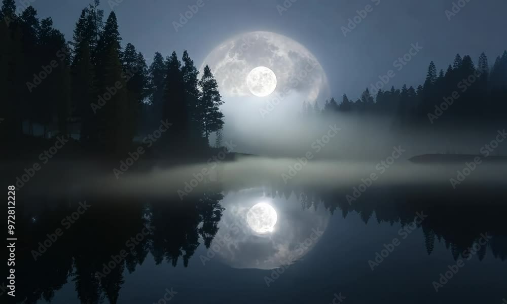 A serene moonlit night reflecting on the calm surface of a lake, Video A serene moonlit night reflecting on the calm surface of a lake, Video