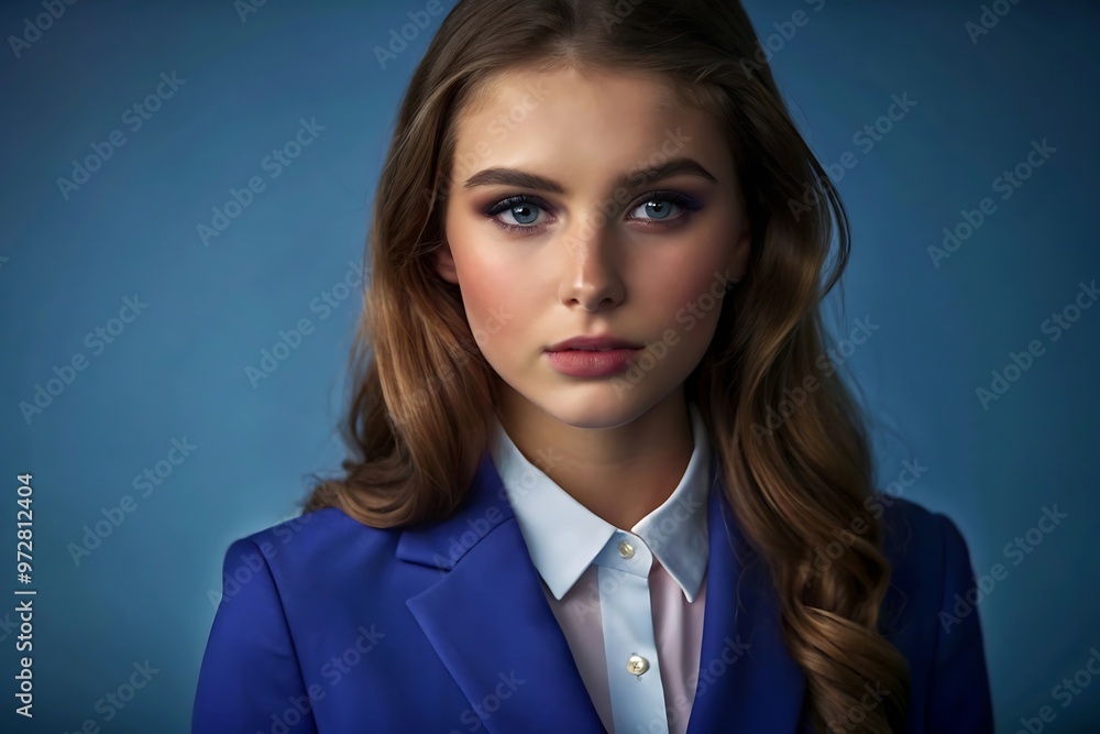 Portrait of a Young Professional Woman in a Blue Suit with Soft Waves, Capturing Confidence and Elegance in a Corporate Setting Portrait of a Young Professional Woman in a Blue Suit with Soft Waves, Capturing Confidence and Elegance in a Corporate Setting