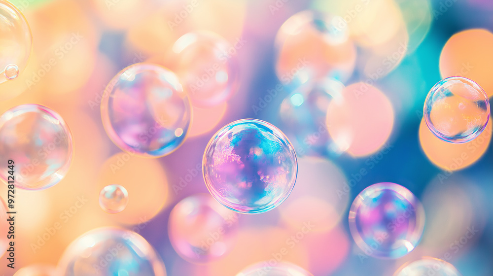 Close-up of colorful soap bubbles floating in soft focus with a dreamy, pastel background. Close-up of colorful soap bubbles floating in soft focus with a dreamy, pastel background.