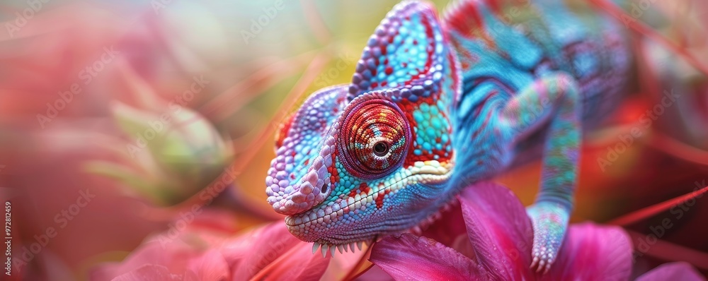 Obraz premium chameleon camouflaged amongst brightly patterned leaves, showcasing its intricate scales and textures.