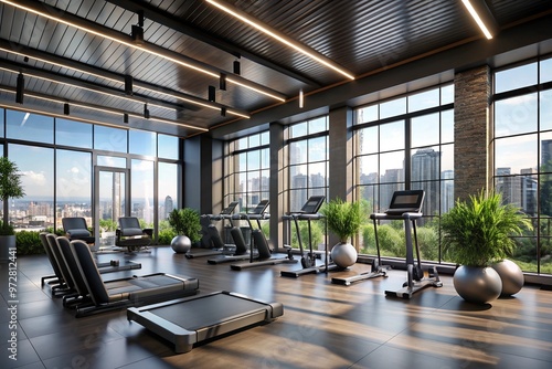 This image showcases a modern gym interior with large windows that offer an expansive view of a city skyline The gym has various exercise equipment and incorporates greenery.