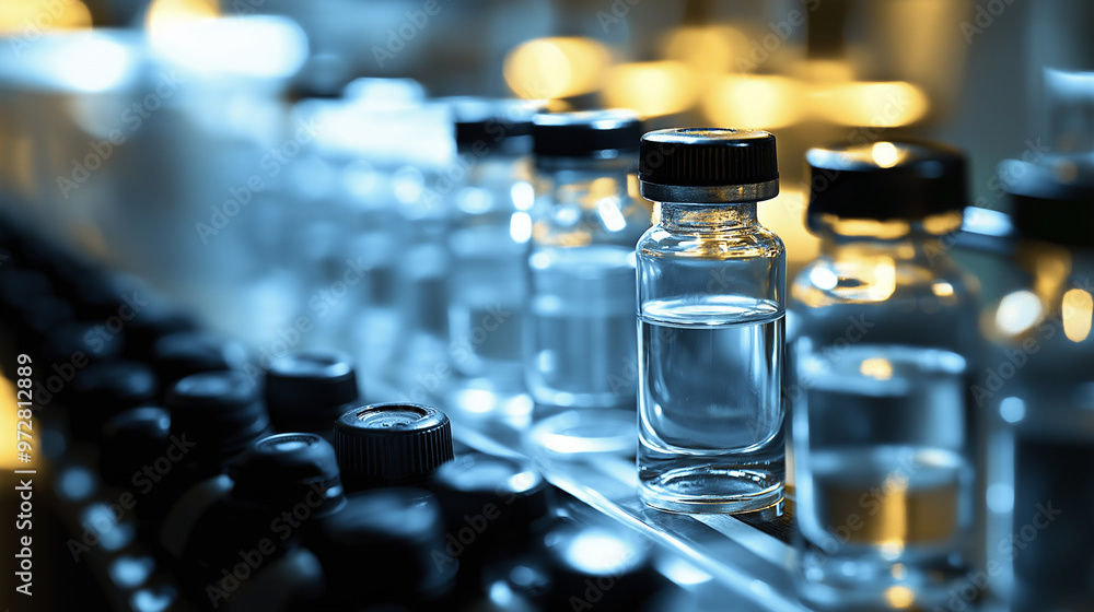 Glass vials lined up in a high-tech pharmaceutical lab under blue lighting, part of an automated production line. Glass vials lined up in a high-tech pharmaceutical lab under blue lighting, part of an automated production line.