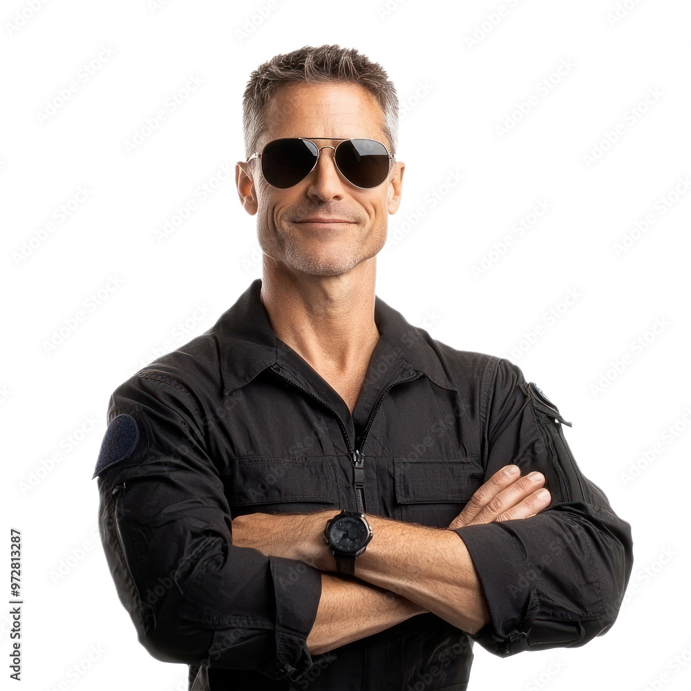 A pilot standing with arms crossed, wearing aviator sunglasses, and smiling confidently. isolated on transparency background A pilot standing with arms crossed, wearing aviator sunglasses, and smiling confidently. isolated on transparency background