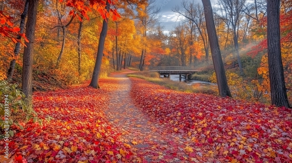 Fototapeta premium Winding path leading through vibrant red and orange autumn forest