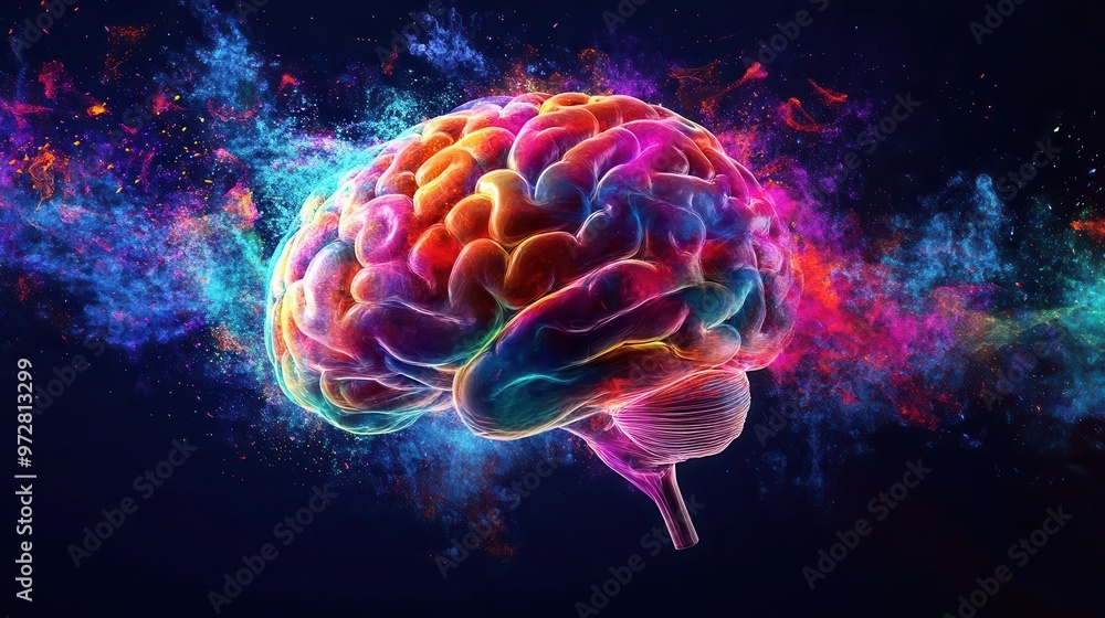 Obraz premium creative mind visualization human brain exploding with vibrant colors dynamic action artistic interpretation of cognitive processes