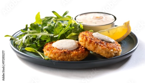 Delicious Salmon Cakes with Arugula Salad and Lemon Wedge photo