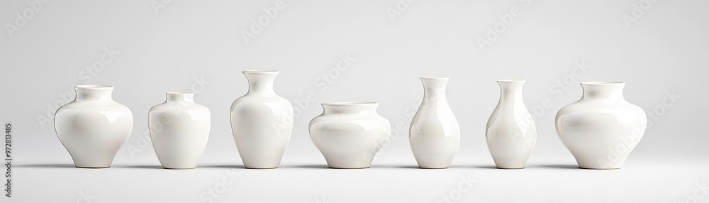 A collection of elegant white vases arranged in a row, showcasing contemporary design and minimalist aesthetics. A collection of elegant white vases arranged in a row, showcasing contemporary design and minimalist aesthetics.