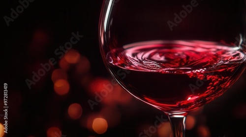 crystal wine glass filled with deep red wine backlit against a dark background with swirling liquid creating mesmerizing patterns and reflections