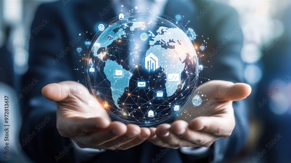 People holding globes with business icons, AI People holding globes with business icons, AI