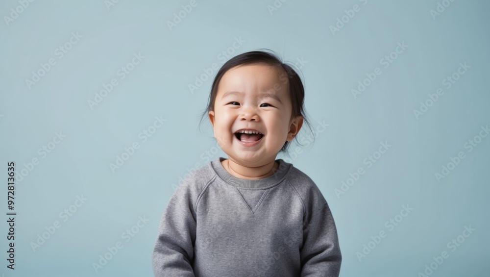 A joyful toddler is smiling against a blue background A joyful toddler is smiling against a blue background