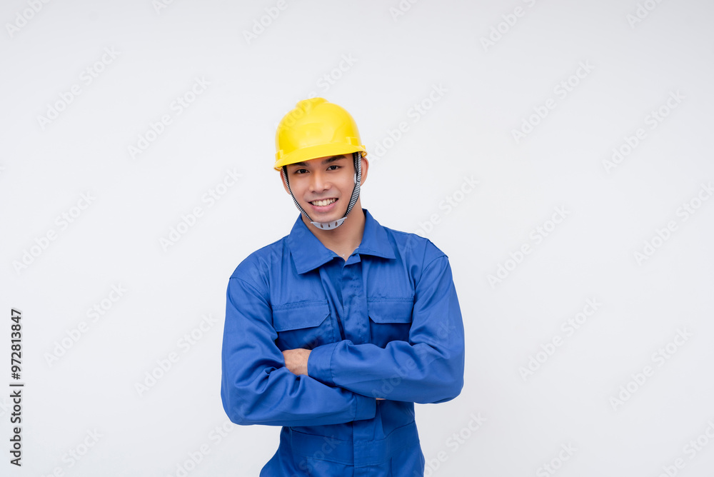 A confident asian construction worker stands with arms crossed, wearing a blue uniform and yellow hard hat. Skilled labor, and industrial professions. Isolated on a white background. A confident asian construction worker stands with arms crossed, wearing a blue uniform and yellow hard hat. Skilled labor, and industrial professions. Isolated on a white background.