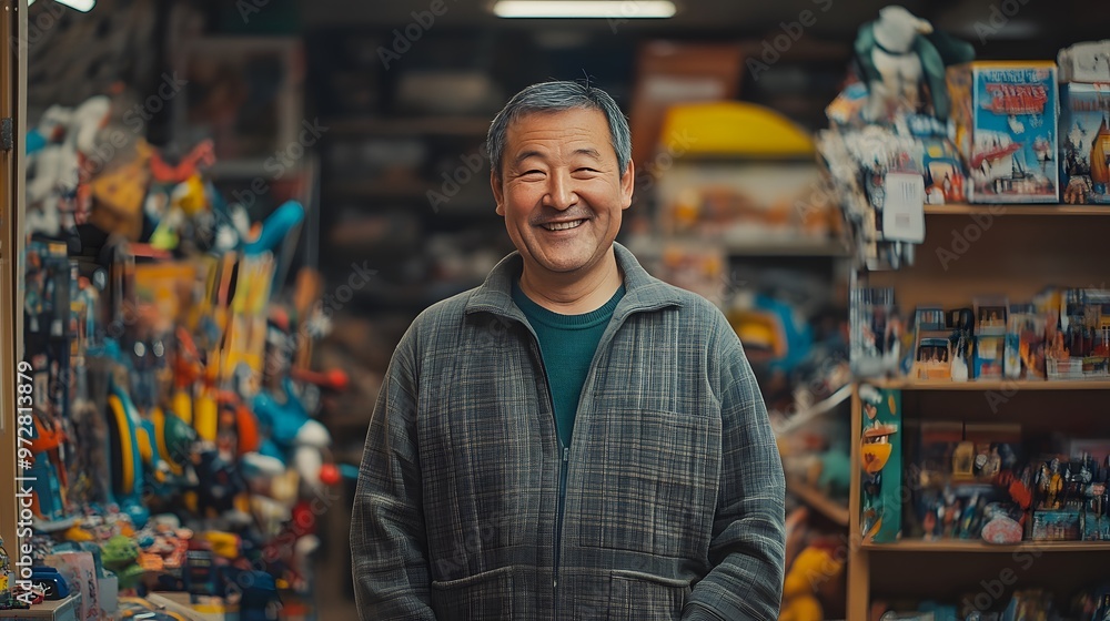 Smiling man in a toy-filled shop. Smiling man in a toy-filled shop.