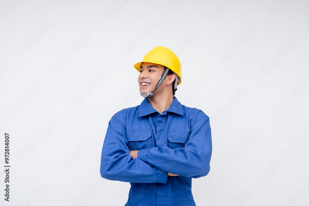A confident asian construction worker stands with arms crossed looking to his left, wearing a blue uniform and yellow hard hat. Skilled labor, and industrial professions. A confident asian construction worker stands with arms crossed looking to his left, wearing a blue uniform and yellow hard hat. Skilled labor, and industrial professions.