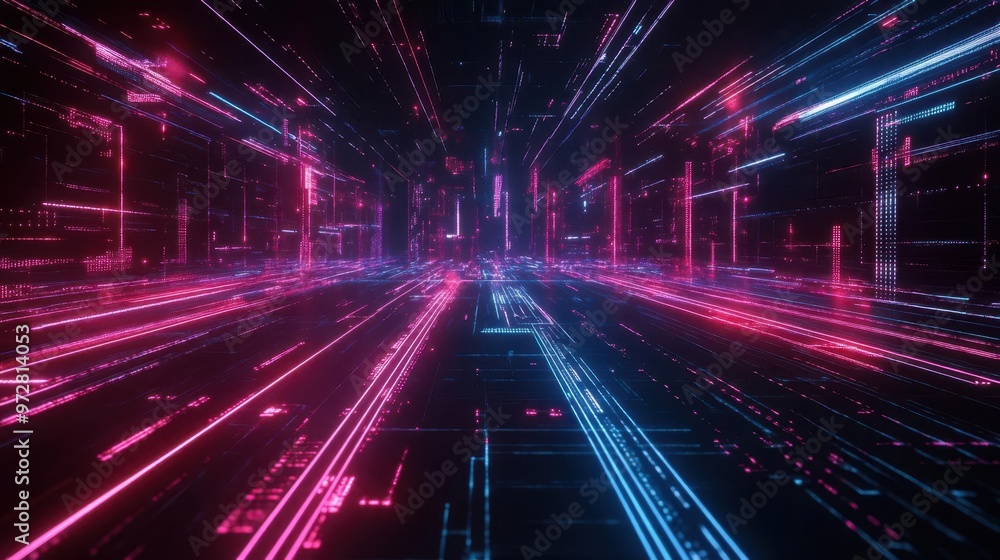 Fototapeta premium cyberpunkinspired digital landscape glowing neon grid lines intersecting across a dark void creating a sense of infinite technological space