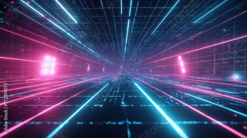 cyberpunkinspired digital landscape glowing neon grid lines intersecting across a dark void creating a sense of infinite technological space photo