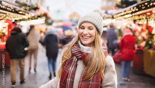 Wallpaper Mural Happy smiling woman having fun at the Christmas market Torontodigital.ca