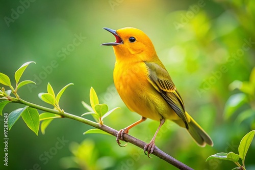 Vibrant yellow songbird perches on a delicate branch, trilling a sweet melody, its tiny beak open in joyful