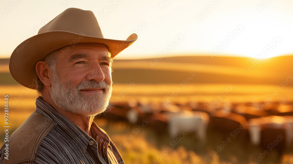 Smiling farmer in a cowboy hat standing in a sunlit field with cows in the background. Smiling farmer in a cowboy hat standing in a sunlit field with cows in the background.